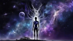 abstract 2d digital art graphic and ink montage,. galaxy in background with nebulas, pale silver gray human nervous system with fade little lights , dark purple, white-dark blue-pale gray and black colors, stunning composition with strange surreal vibe, emotional, abstractions, neurodivergens soul and mind, cinematic, thriller, four little human dark shilouette floatings in universum