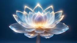 fiore di loto di cristallo trasparente con raggi di luce dal centro del fiore verso l'alto su sfondo azzurro