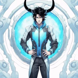 An handsome alien with messy black hair, blue eyes, and horns stepping out of a portal wearing futuristic clothes, colored manga style, intricately detailed