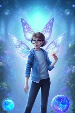 Dibujo escena de mundo mágico de fondo ((([una enorme mariposa]))) de los abismos, aparece (((((una adolescente con gafas y un perro de color azul))))).