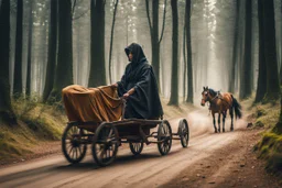 hooded monk driving horse and 2 wheel cart in the forest