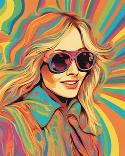 Portrait of a happy fair-haired woman in sunglasses Colourful psychedelic 1970s. AI generative.