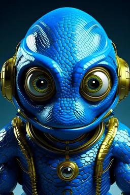 Astronauta reptil color azul con ojos saltones y cabello dorado. Accesorios tecnológicos. Universo paralelo.