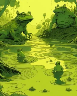 A light yellowish dark green swamp with bugs in daylight painted 3 people’s heads of humans coming out of the water with a big frog