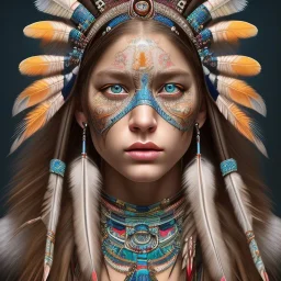 war painted pueblo Indian female,detailed eyes, blue eyes,, disturbed expression.intricate detailethnically accurate face, intricate head dress, detailed make-up, detailed turquoise jewelry, detailed hair, detailed feathers, use dynamic palette, accurate proportions, high contrast black smokey bokeh background.alphonse mucha style