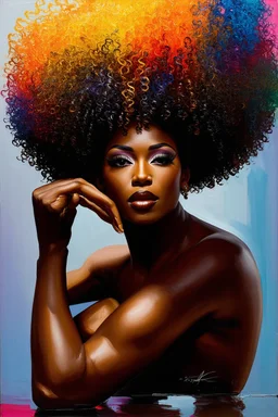 In this futurism oil painting, a stunning black woman is the centerpiece, embodying strength, beauty, and pride. She is depicted bending down gracefully, her body curving elegantly, as she holds her voluminous afro hair in her hands. Her face is adorned with prominent makeup, featuring lush lashes that accentuate her expressive eyes. The canvas is filled with vibrant colors, with the woman's afro hair taking center stage. Each curl is meticulously detailed, with a riot of colors cascading down