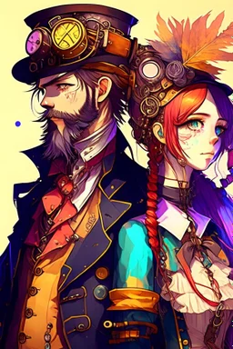 anime couple, steampunk , colorful, man with beard