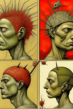 subconscious predictive demoralization, surreal, metaphoric, minimal, fragmented color pen and pencil illustrated collage, 3 stages of grief, by Dave McKean and Pawel Kuczynski