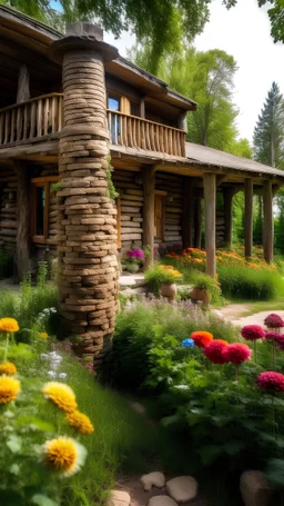rumah joglo tiangnya bata ekspose, halaman penuh bunga