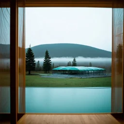A polaroid photo of an odd room with structures. A transparent tarpaulin covers an image. There is a group of fir trees in the background and a high hill in the distance. A lake. The surface below is in a pastel color. Fog is present.