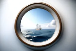 white,background,looking,through,a 3-d, hole,or,window,,a,seeing into an,ocean,with,sailing,boat