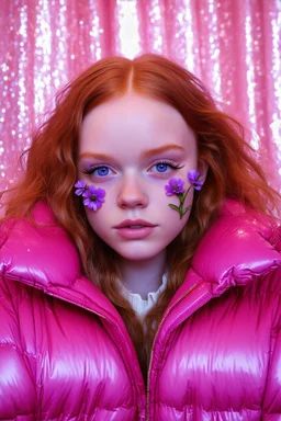 Autochrome of sadie sink, she has flowers on her face, her eyelashes are purple and very long, she is wearing a shiny pink puffer coat, ,the light is pink, à pink curtain in the background with glitter
