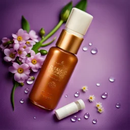 a small bottle for cosmetics lies on a beautiful floral background top view, in the background there are beautiful spring flowers and a drop of cream, high-quality picture, top view