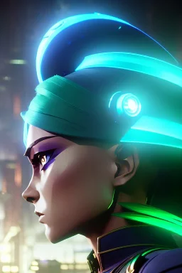 Futuristic female soldier, physically fit, green hair, blue eyes, intricate eyeliner, vibrant eyeshadow, clear completion, soft lighting, 4k resolution, intricate details, insanely detailed, colorful cityscape background, masterpiece, expert, cinematic smooth, retroanime style, realistic details, no helmet