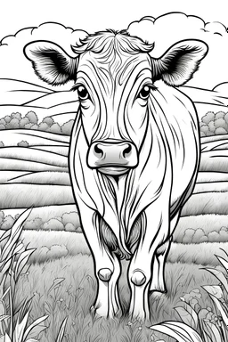 coloring page, cow in a grassy meadow, cartoon style, thick lines, low detail, no shading