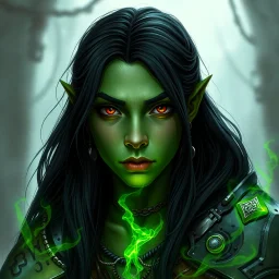 A digital illustration shoot from a portrait camera angle about a portrait of a young orc woman with green skin. In the middle of the image, a 20 years old orcish woman, appears to be looking at the viewer lost in thought. she has long black hair, red eyes, and is wearing armour. Fantasy, skyrim, magic