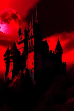 70s dark fantasy art of a medieval castle, with the sky in red, in 70's darkwave style