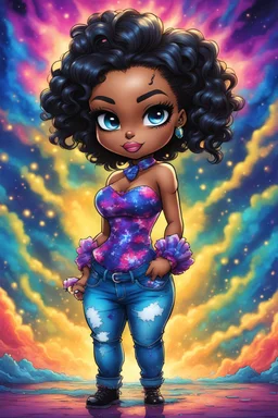 vibrant psychedelic comic book image, airbrush, 48k, cartoon art of a chibi curvy black female wearing torn jeans pants and a sapphire tie dye off the shoulder blouse. Prominent make up with lush lashes. Highly detailed sleek wavy ponytail