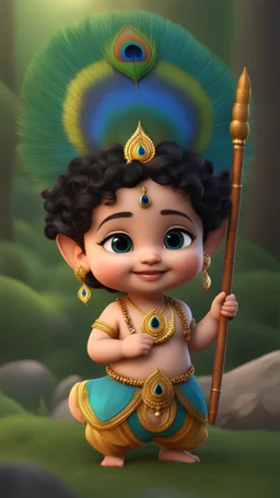 [Indian God Krishna], 3d Pixar style, chibi, whole body, super cute baby, Cute smile, curly black hair, (Holding small Bamboo Flute , peacock feather on crown on forehead), unreal engine, detailed, forest background, ultra high definition, 32k, realistic