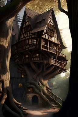 large medieval wooden treehouse, with a balcony, and a cobbled road going through the middle, in a wood, photo-realistic