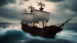 A hyper detailed pirates ship in a crisp ultra realistic photo at dusk with a storm in the backdrop 3d with depth of field, octane rendered ambient epic lighting