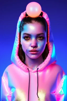 Ultra Realistic image, Rosalía artist, portrait, waist up portrait, long black eye line, sweet face, inflatable hoodie, gold pink and blue style, spray glow make up, led rings piercing, led geometric ornament, fog, hot, inflatable style bubble latex coat, vibrant color, highly detailed, art stations, concept art, smooth, unreal engine 5, god rays, ray tracing, RTX, lumen lighting, ultra detail, volumetric lighting, 3d, finely drawn, high definition, high resolution.