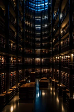 A large, international, electronically advanced, beautiful library full of books at night