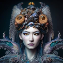 Insanely detailed photograph of an elaborate beautiful hawk goddess intricate glowing skin eyes intricate face hair lashes fur dress hyperdetailed painting by Anna Dittmann Huang Guangjian and Dan Witz CGSociety ZBrush Central fantasy art album cover art 4K 64 megapixels 8K resolution HDR Greek shiny space colours jewelry celestial hair eyes light"