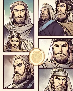 Mesopotamian warrior, expression serious, aura, portrait, background Mesopotamian city, comic style, long beard,