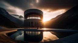 Un paisaje alpino surrealista al atardecer donde una enorme estructura geométrica de hormigón parece emerger directamente de una montaña, atravesada por enormes vacíos circulares. Un lago perfectamente inmóvil refleja la arquitectura y las nubes, mientras una pequeña figura adulta permanece sobre una plataforma frente al edificio. Fotografía conceptual de arquitectura surrealista, escala monumental, geometría precisa, brutalismo refinado, composición cinematográfica, luz crepuscular, atmósfera l