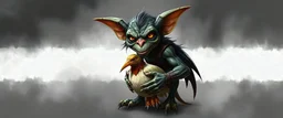 air brush 3d with pen outline, mongrel goblin gremlin holding big big bird with blurred shadow outline, charcoal fog border