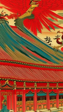 A red palace with a monstrous phoenix painted by Utagawa Hiroshige