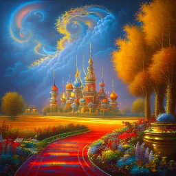 a painting of a city with a lot of clouds and trees, colorful swirly ripples of magic, jason engle, style of alex grey, painting of a sand landscape, award - winning painting, red-yellow colors, orange and blue colors, connectedness, inspired by Thomas Hart Benton, anthropology of wonder, tuscany hills, twisting vapour