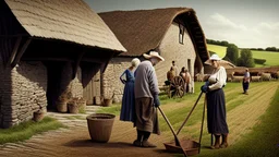 young and old people working in the field near medieval barns