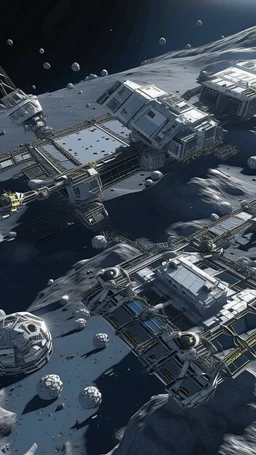 asteroid mining construction with robotic arm in the space from a space station