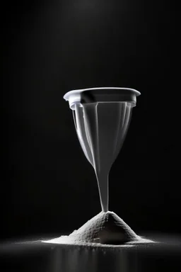 plastic scoop of protein powder, view from the front, dark studio setting, black background