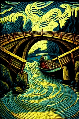 Make an image in Van Gogh style of Lord Ram's river crossing