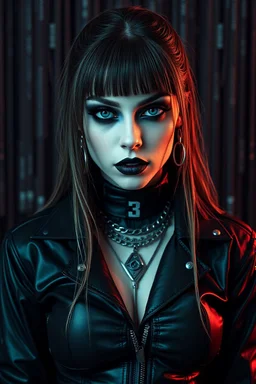 cyber-goth woman in black makeup, full cyber-goth clothes with matrix style, utopistic scifi, dark colors, fashion, random background, high detailed, high realistic