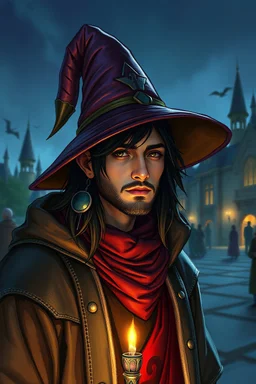 dnd, fantasy, portrait, male, human wizard, 25 years old, black hair, wizard hat, drawing, night time, outside, city