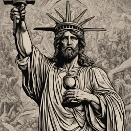 line tone, woodcut, engraved, wall street journal style, statue of cruicified Jesus of Liberty with a beard and wearing a cross and hanging from a cross, The statue male, hyperdetailed intricately detailed photoillustration ink drawing dystopian 8k resolution entire body of the statue is in the picture. digital illustration telephoto lens photography , same colors as the us treasury's one dollar bill, crucified"