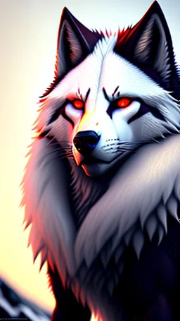 Feral, White fur, Werewolf, Red eyes, character, full body portrait, expert, insanely detailed, 4k resolution, cinematic smooth, intricate detail, fluffy, award wining portrait