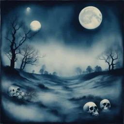 Ethereal Cyanotype Landscapes, macabre, moon with skull imprint, surreal, Scarfe,