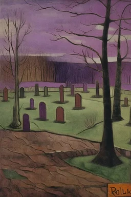 A dark purple graveyard with tombstones covered in dirt painted by Paul Klee