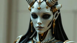 an automaton, doesn't have horns,a beautiful mechanical female demon, beautiful curves, made of ivory porcelain skin, with bronze gold trims, doll-like features, dressed in classical greek clothes, empty black eyes and unexpressive face, full figure, photorealism,face showing deep contemplation, highly detailed, cinematic lighting, Ray tracing