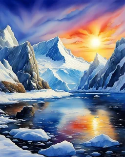 Beautiful sunrise landscape in the Antartic, wash watercolor, pen and ink, warms colors, peaceful solitude, natural beauty, icebergs, mountains, fantasy, whimsical, magical, digital painting, absolutely gorgeous, digital masterpiece, meticulously detailed, by Clyde Caldwell and Greg Kutkowski