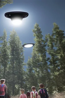 school kids see ufo flying over tall pine trees near a powerline with three lights underneath the year is 1966 in color, concept art, by Asaf Hanuka, by Weta Digital, Electric Colors, Screen Space Global Illumination, in a symbolic and meaningful style