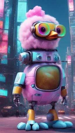 CHICKEN robot made of cotton candy, sci-fi, cyberpunk, full body, ultra realistic, virtual reality, cyberpunk city and colors