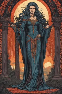 museum quality full body color woodcut of an ancient female vampire sorceress with highly detailed hair and facial features , in the style of Gustave Baumann, with a fine art aesthetic, highly detailed, finely cut ,8k render,