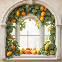 A window in white with an arch decorated with mangoes and light green leaves and soft orange bright colors.