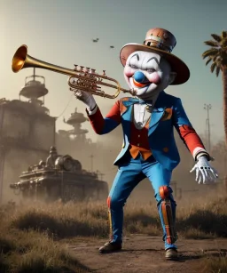 mechanoid happy friendly fat clown playing jazz with a steampunk theme, trumpet, realistic